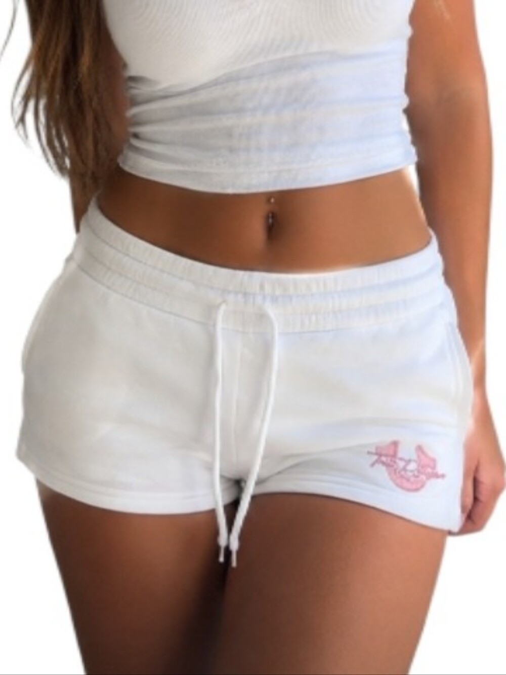 True Religion White Women's Athletic Lounge Shorts with Pink Glitter Logo-NWT